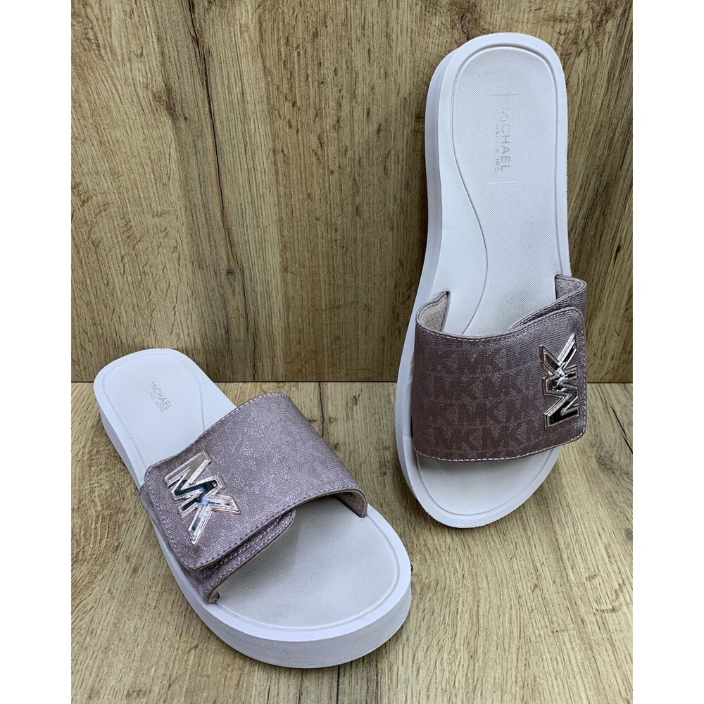 Michael Kors Gilmore Platform Slide Sandals Pink MK Logo Women's Size 10 M